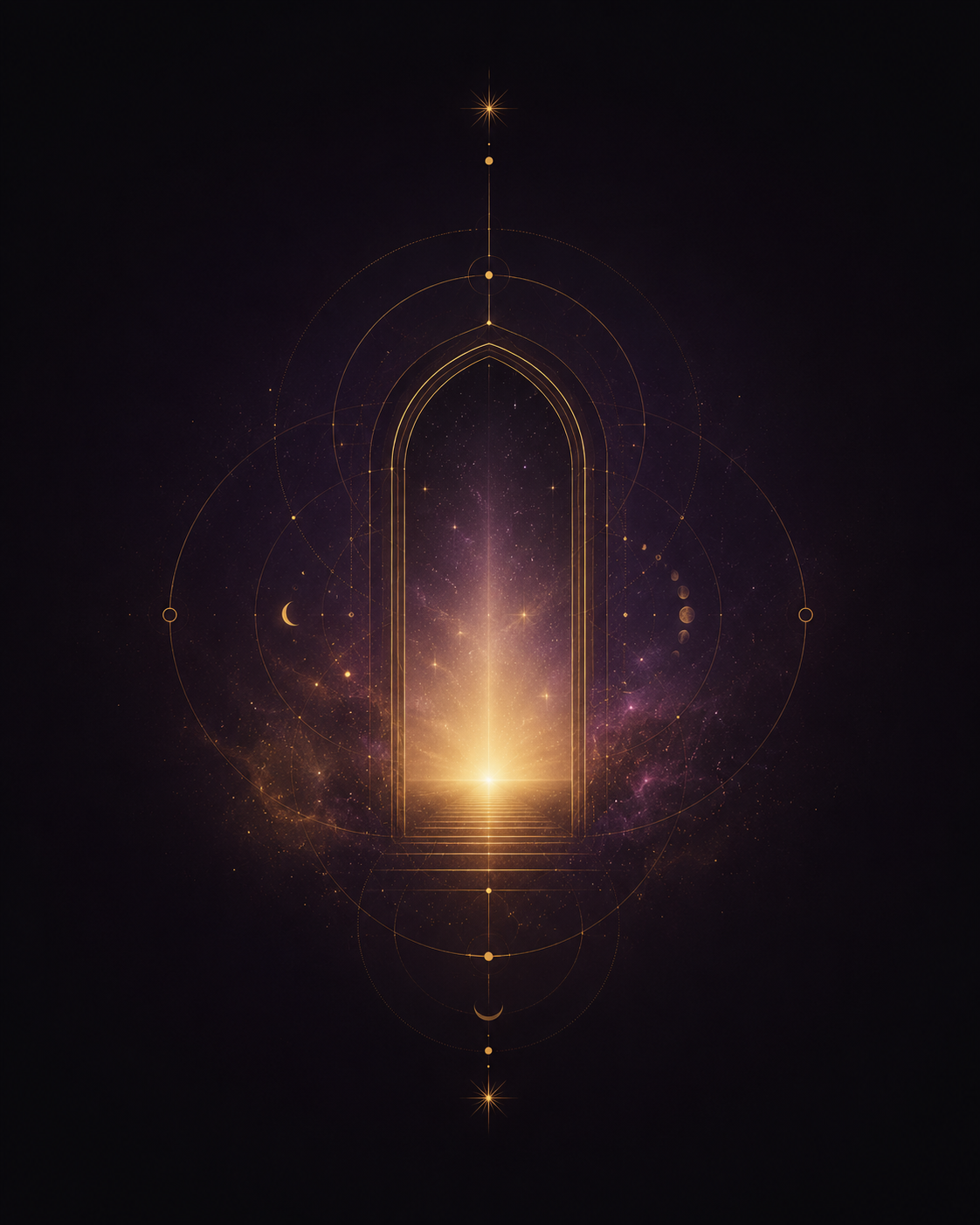 Puerta luminosa rodeada de símbolos celestes